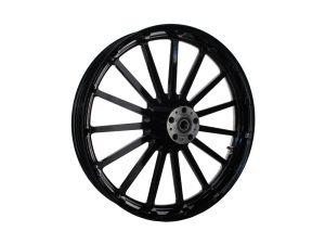 Black motorcycle wheel with alloy spokes for Revelry Motorcycles in Australia.