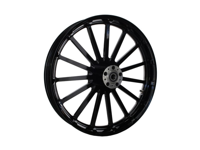 Black motorcycle wheel with alloy spokes for Revelry Motorcycles in Australia.