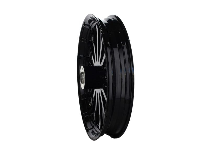 High-performance black motorcycle wheel for Revelry Motorcycles bikes, durable and stylish.
