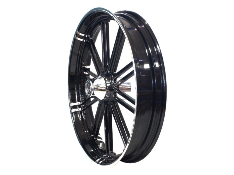 High-performance motorcycle wheel for Revelry Motorcycles custom builds and repairs.