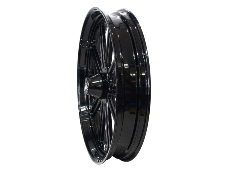 High-quality black motorcycle wheel for custom Revelry Motorcycles builds in Australia.