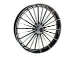 16-inch motorcycle wheel with black spokes and chrome rim, suitable for custom bikes.