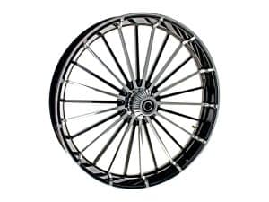 16-inch motorcycle wheel with black spokes and chrome rim, suitable for custom bikes.