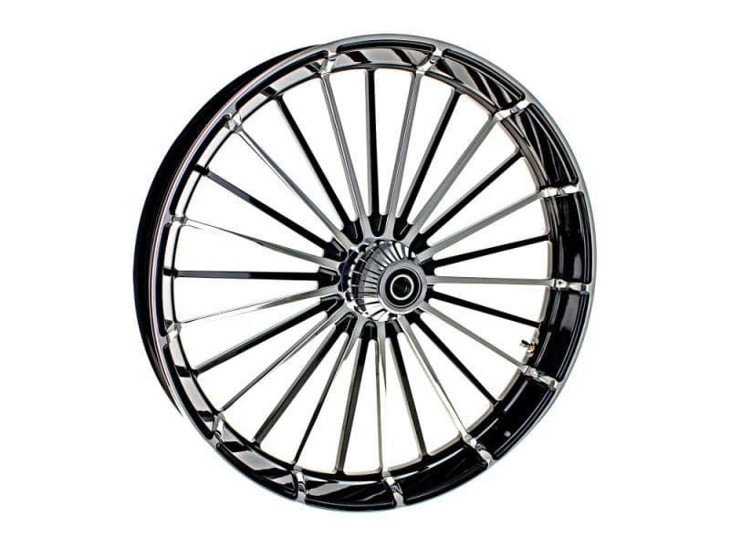 16-inch motorcycle wheel with black spokes and chrome rim, suitable for custom bikes.