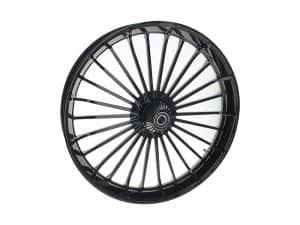 Black motorcycle wheel rim for Revelry Motorcycles, durable alloy spoke wheel for custom bikes.