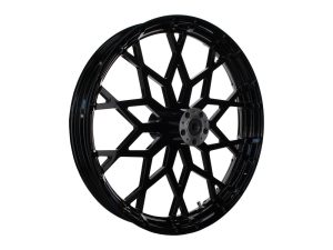 High-performance black motorcycle wheel for custom Revelry Motorcycles builds.