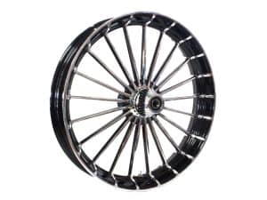 Polished chrome motorcycle wheel for Revelry Motorcycles custom bikes Australia.