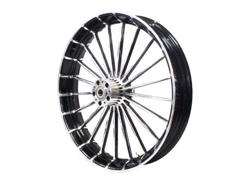 Beautiful chrome motorcycle wheel for Revelry Motorcycles, perfect for custom motorcycle builds.