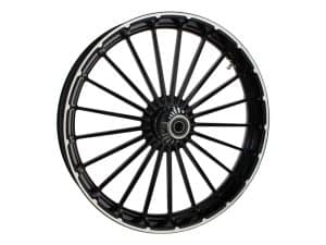 High-performance motorcycle wheel featuring durable black alloy construction for Harley Davidson bikes.