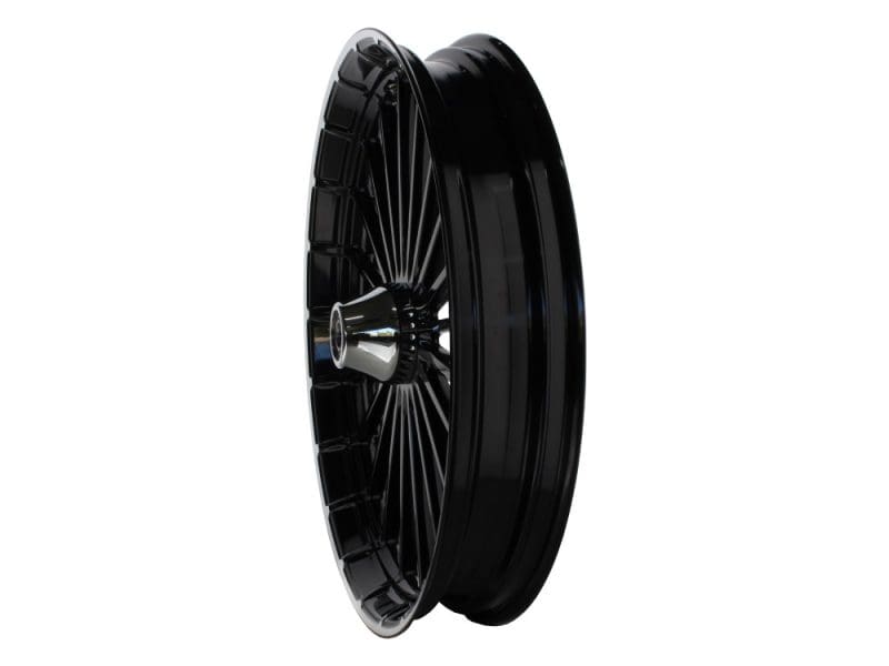 High-quality black motorcycle wheel for Revelry Motorcycles and custom bikes in Australia.