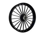 Black motorcycle wheel with spokes and hub for Revelry Motorcycles.