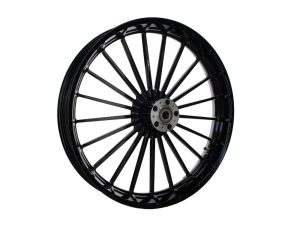 Black motorcycle wheel with spokes and hub for Revelry Motorcycles.