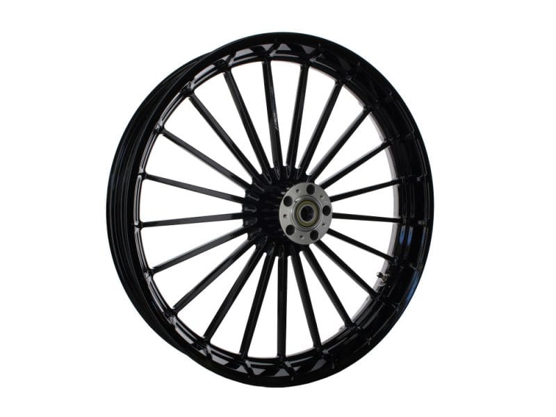 23in. x 3.75in. Ranger/Turbine Replica Wheel - Gloss Black Powdercoat. Fits Breakout 2013up. Black motorcycle wheel with spokes and hub for Revelry Motorcycles.