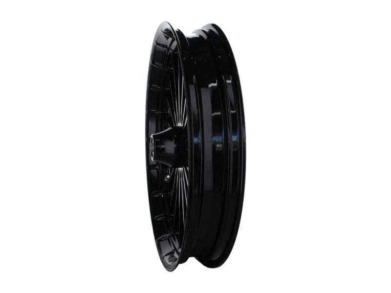 Black motorcycle wheel rim for Revelry Motorcycles, durable and high-performance.