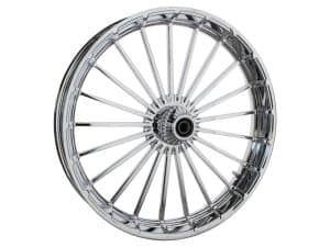 Polished chrome motorcycle wheel for Harley Davidson and custom bikes.