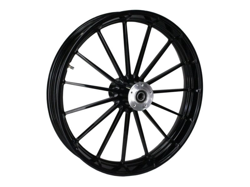 Alloy motorcycle wheel with black finish for Revelry Motorcycles.