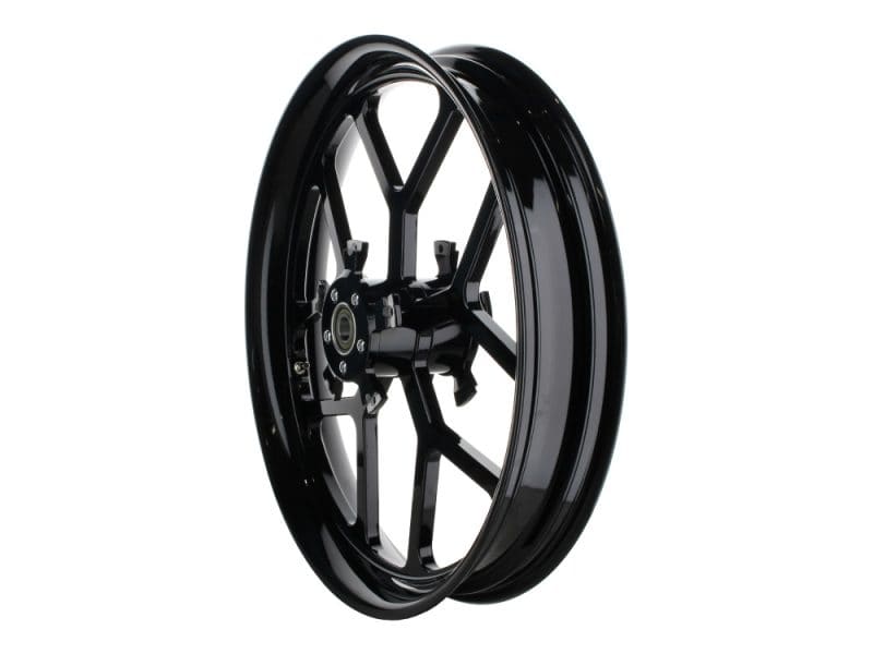 High-performance black motorcycle wheel for Revelry Motorcycles repairs and custom builds.