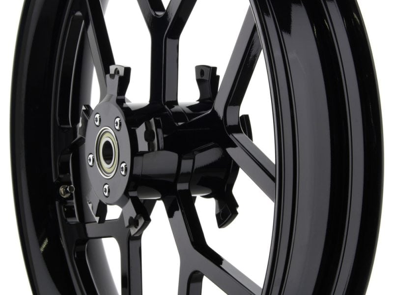 High-performance black motorcycle wheel with alloy spokes for revelry motorbikes Australia.