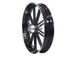 Black motorcycle wheel with chrome detailing for custom bikes and Harley Davidson.