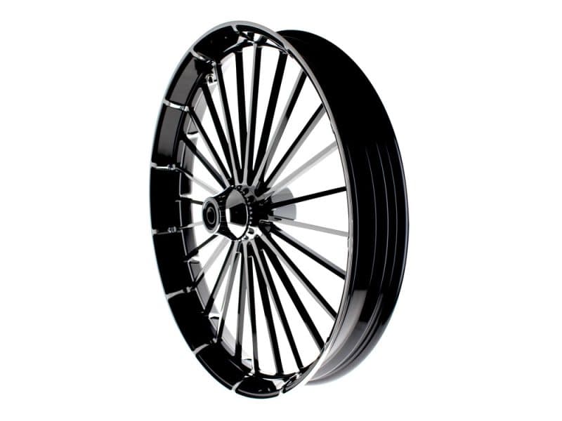 High-performance motorcycle wheel for Revelry Motorcycles and custom bike builds.