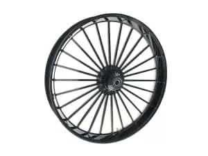 Spoked motorcycle wheel for Revelry Motorcycles, custom alloy bike rim, high-performance motorcycle accessory.