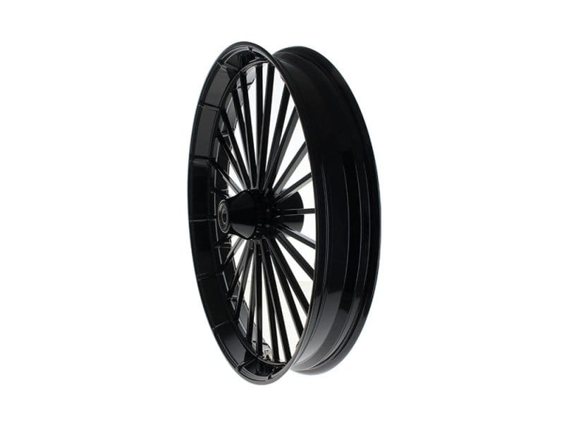 Black motorcycle wheel with spokes for Revelry Motorcycles.