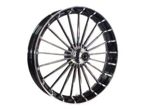 Chrome motorcycle wheel with spokes for Revelry Motorcycles, custom bike parts.