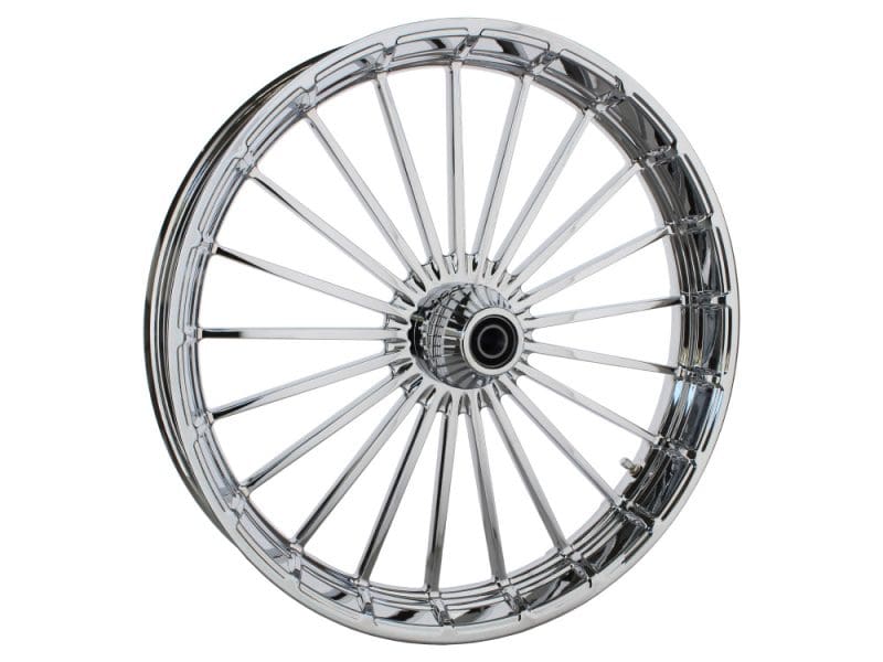 Shiny chrome motorcycle wheel for Revelry Motorcycles bikes.