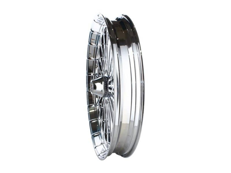 Shiny chrome motorcycle wheel for Revelry Motorcycles.