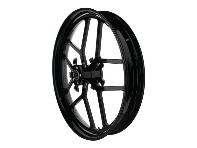 High-performance black motorcycle wheel for Revelry Motorcycles and custom bikes.