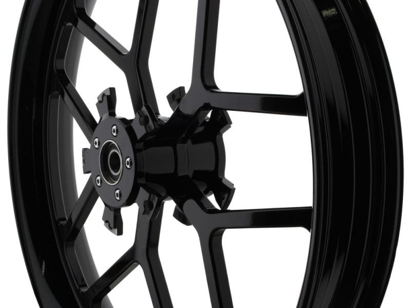High-performance motorcycle wheel with black finish, designed for durability and style.