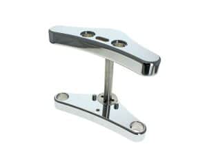 Forged chrome motorcycle triple tree clamp for custom bike builds and repairs.