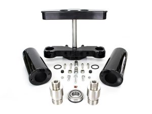 High-performance motorcycle riser kit with black and silver components for Revelry Motorcycles.