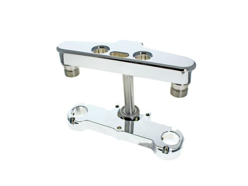 Sleek chrome motorcycle triple tree fork stabiliser for enhanced bike handling and control.
