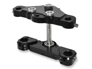 Aluminium motorcycle triple clamp for Harley Davidson bikes, high-quality CNC machined, black finish, lightweight and durable.