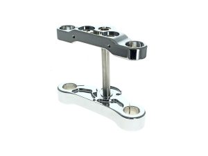 Polished motorcycle triple tree fork stem for custom bikes and performance upgrades.