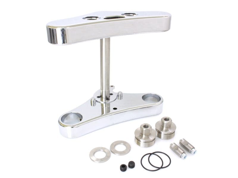 Polished motorcycle turn signal mount with mounting hardware for Revelry Motorcycles.