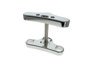 Polished motorcycle triple tree, aftermarket bike front end component for Revelry motorcycles.