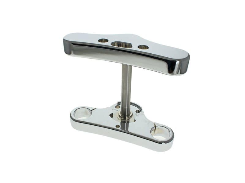 Polished motorcycle triple tree, aftermarket bike front end component for Revelry motorcycles.