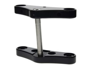 Lightweight black motorcycle triple tree for bike handlebars and suspension components.