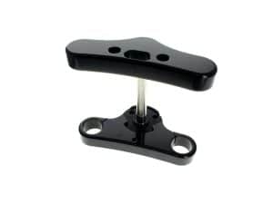 Black motorcycle adjustable foot peg for Revelry Motorscycles, designed for optimal comfort and performance.