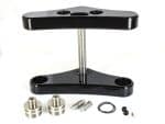 Black motorcycle steering stabiliser mount with adjustable components and hardware for enhanced bike control.