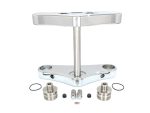 Stainless steel motorcycle triple tree assembly for custom Revelry Motorcycles builds.