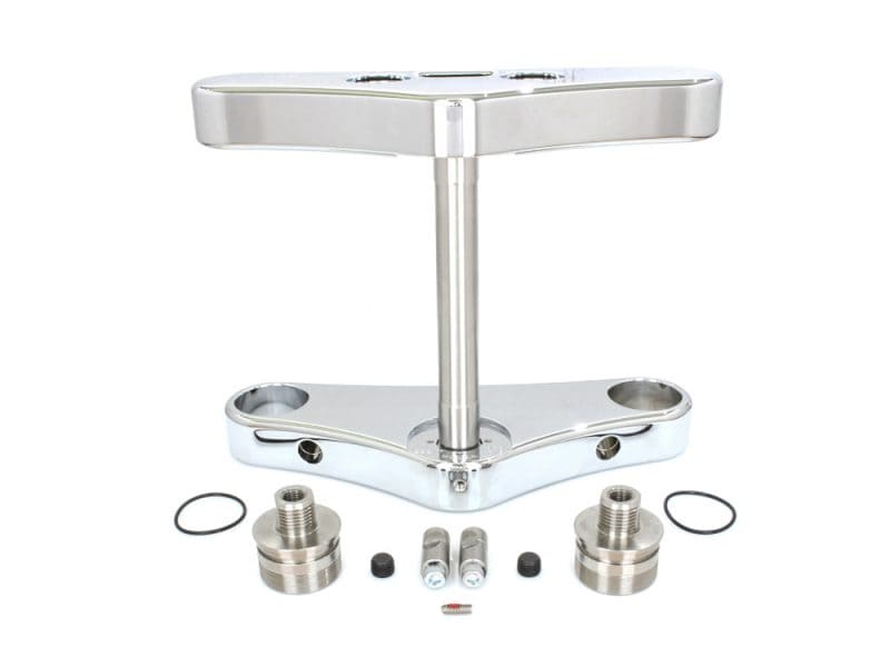 Stainless steel motorcycle triple tree assembly for custom Revelry Motorcycles builds.