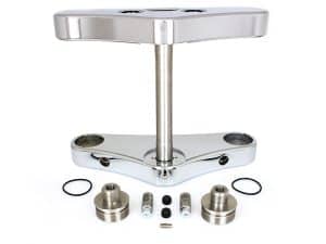 Aluminium motorcycle headlight bracket with mounting hardware for motorbikes.