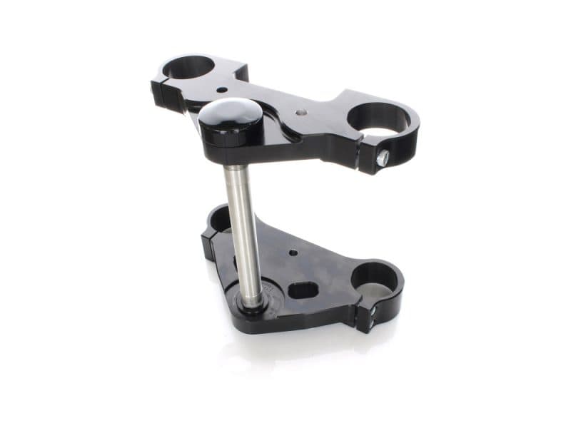 High-performance motorcycle triple tree clamp for Revelry motorcycles, durable black finish, precise fit.