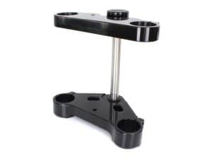 Adjustable motorcycle steering damper mount for enhanced handling.