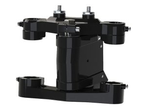 Heavy-duty motorcycle steering damper mount for Revelry Motorcycles, black finish, durable construction, and premium quality.