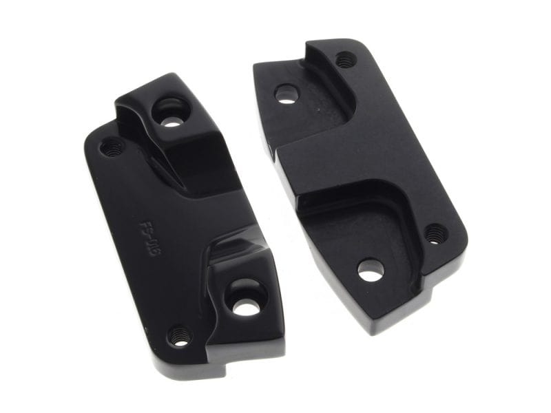 Black motorcycle engine compensation brackets for Revelry Motorcycles, durable and high-quality.
