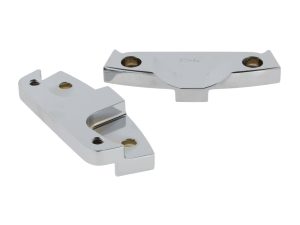 Shiny chrome motorcycle footpeg brackets for Revelry motorcycles.